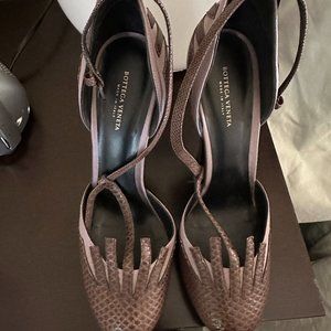 Brown lizard and purple satin Bottega Veneta t-strap pumps with covered heels